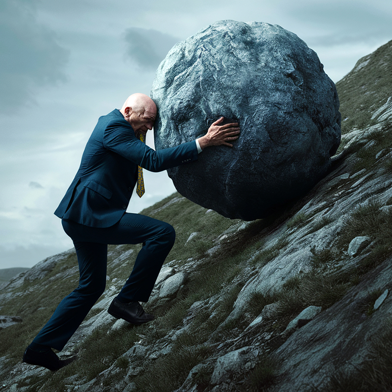 In the Greek legend of Sisyphus, he was condemned by the gods for eternity to repeatedly roll a boulder up a hill only to have it roll down again once he got it to the top.