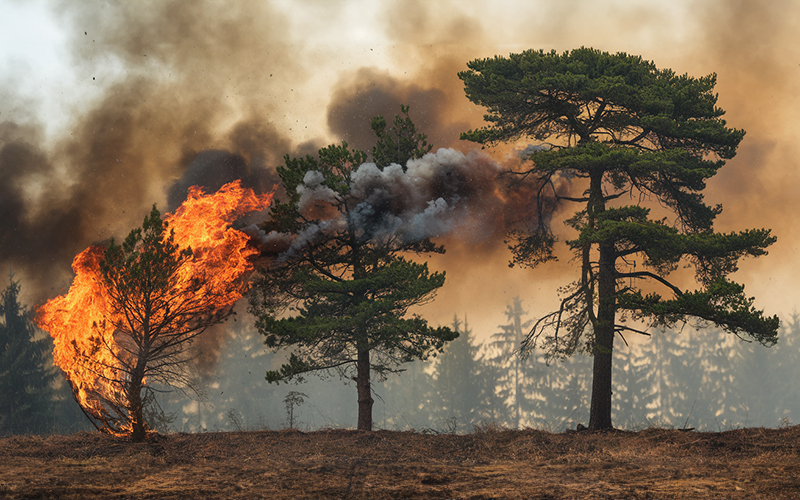 The fire spreads faster as larger trees are exposed to the flames.