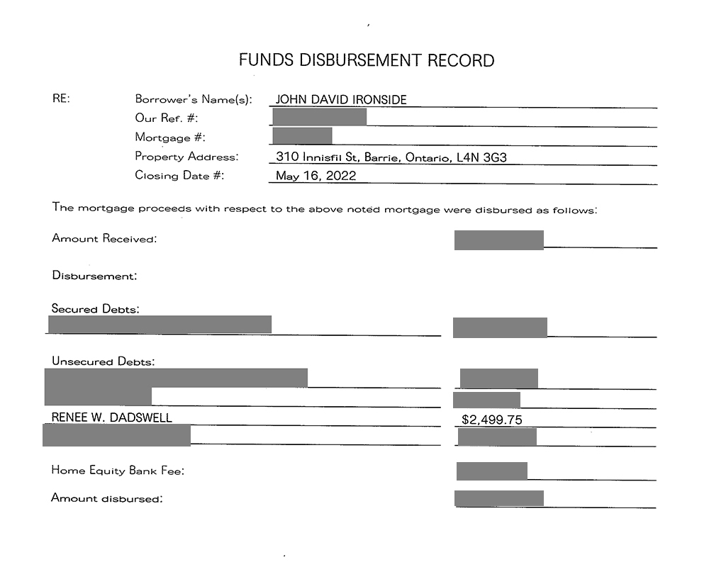 Mortgage disbursement record showing the amount paid to Renee Dadswell