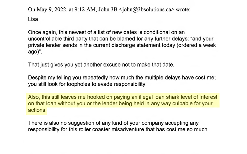 In this email to Lisa Purchase, the client detailed the crime of usury.